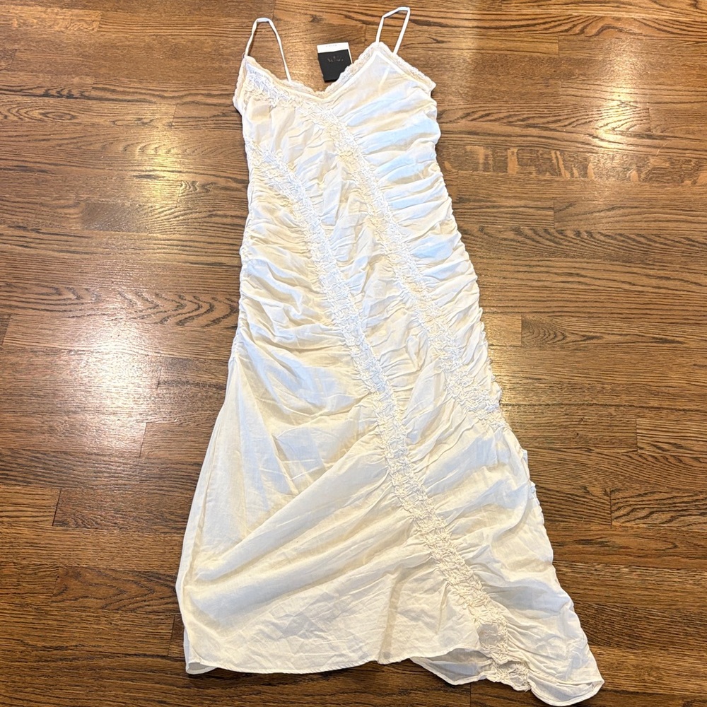 Zara NWT OFF White Ruched Slip Dress with Lace Trim, xS